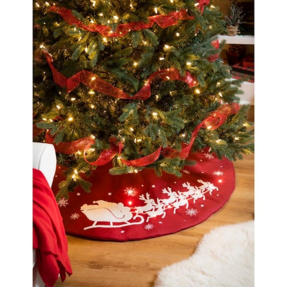 47in. Fabric Christmas Tree Skirt with Embroidered detail and LED lights